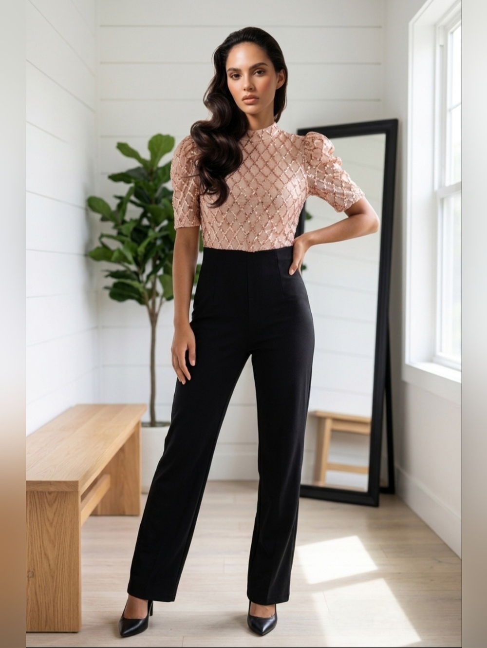Two-Tone Puff Sleeve Jumpsuit in Blush and Black
